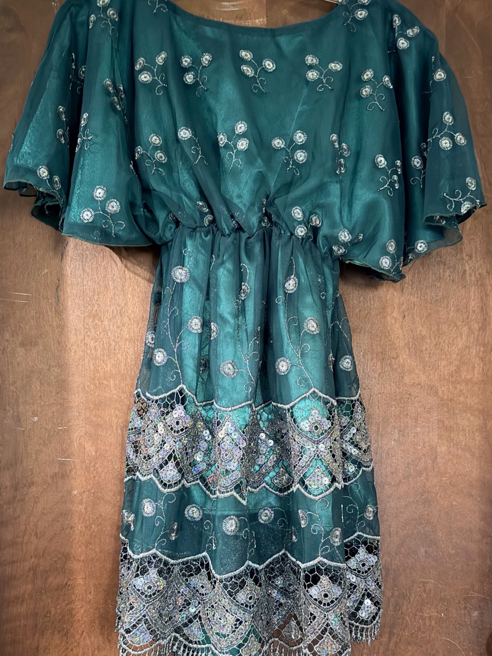 Embellished Teal Mini Dress with Lace Hem